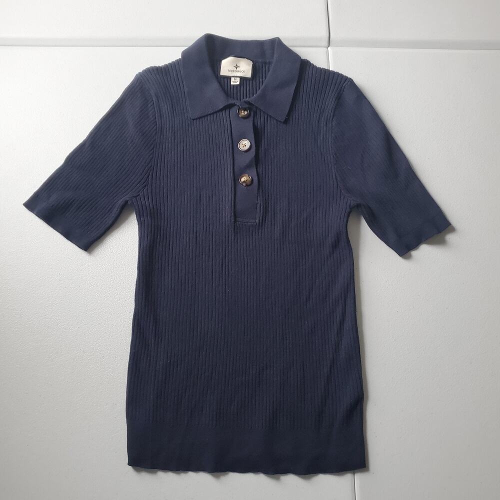Tuckernuck Sweater Womens Medium Blue Lyocell Collared Short Sleeve Polo Knit